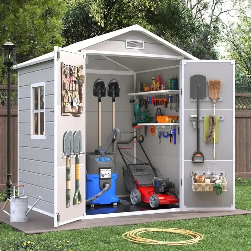 Resin Outdoor Storage Shed with Floor, 6x4.5 FT Plastic Garden Shed, Lockable Door & Window, Waterproof Tool Shed