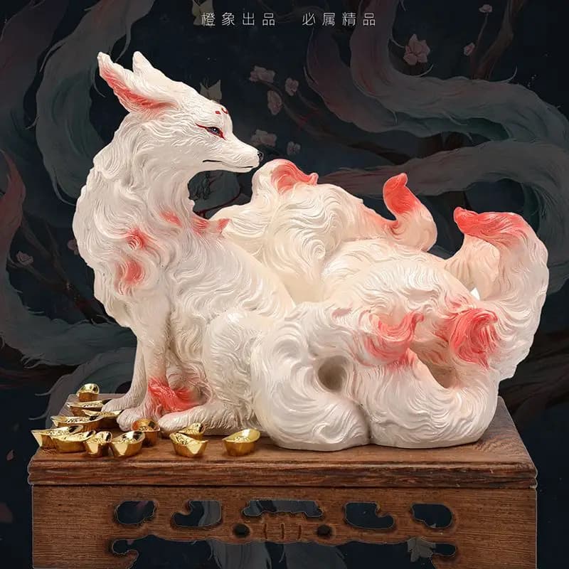 Vivid White Nine-tailed Fox Resin Figurine Statue Home Desktop Collections Decoration  Auspicious Spirit Fox Statue Friend Gift