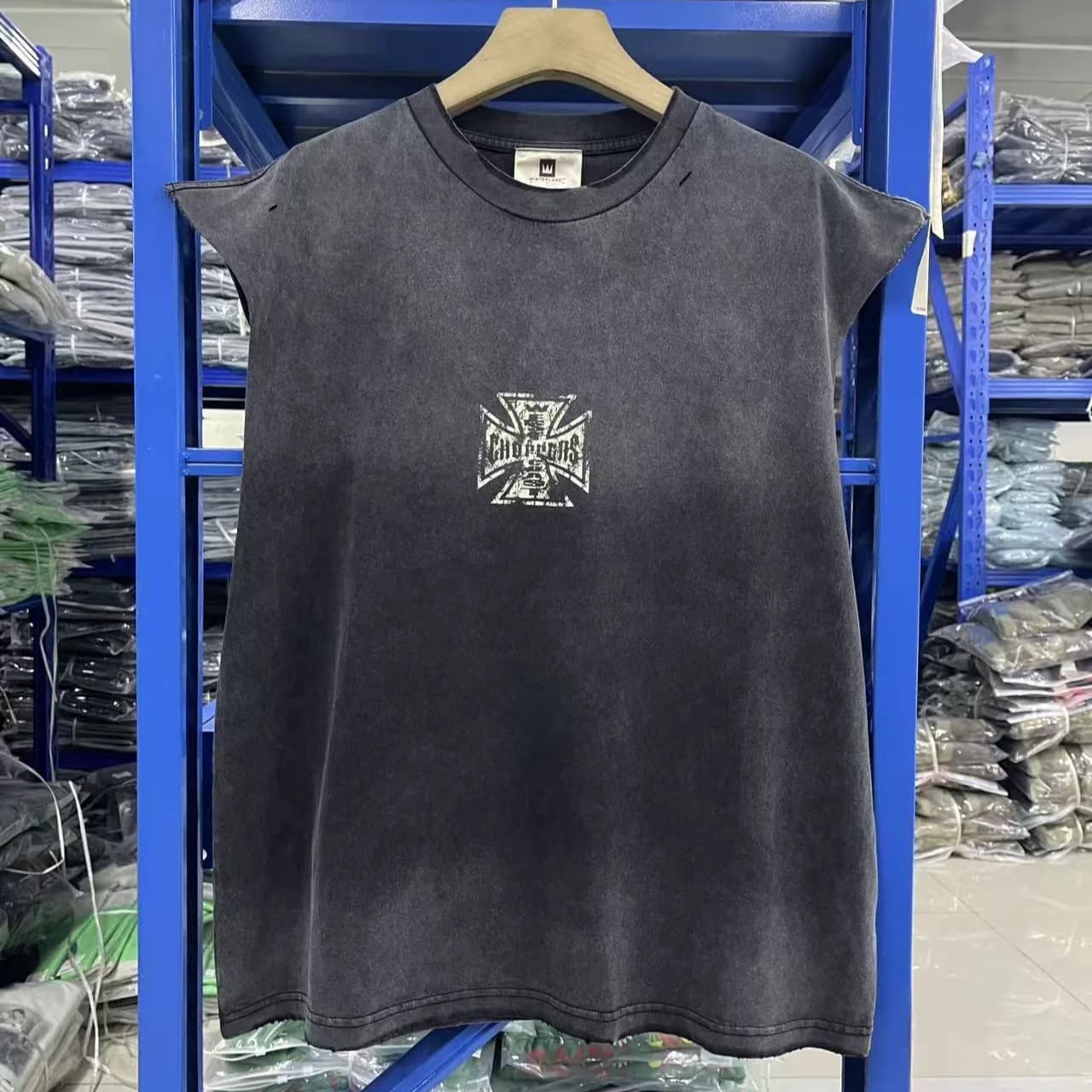 American streetwear West Coast Choppers skull cross-over West Coast washed and distressed T-shirt vest