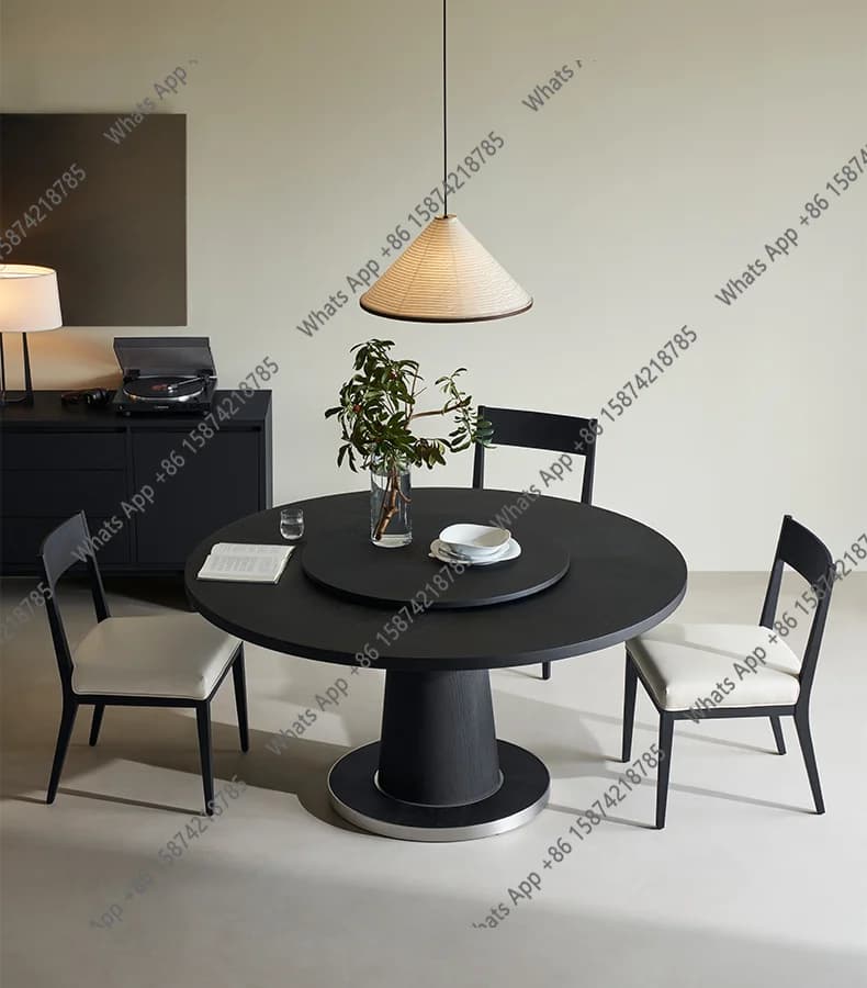 Round dining table Solid wood wabi **** black dining table and chair combination with turntable Household dining table