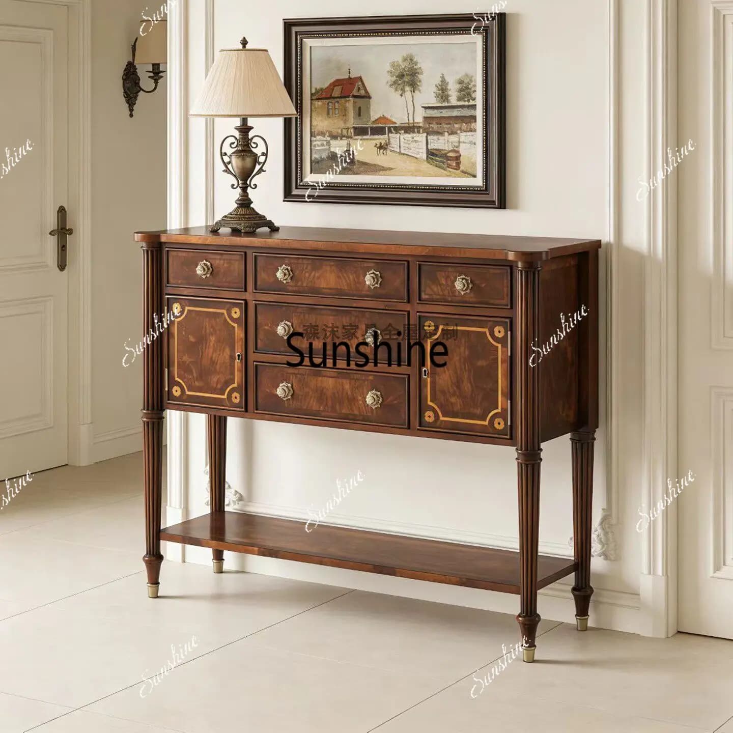 American retro style solid wood dining side cabinet high-end carved multi-drawer locker