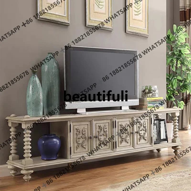 American fashion high-end solid wood TV cabinet retro floor old fine carving H