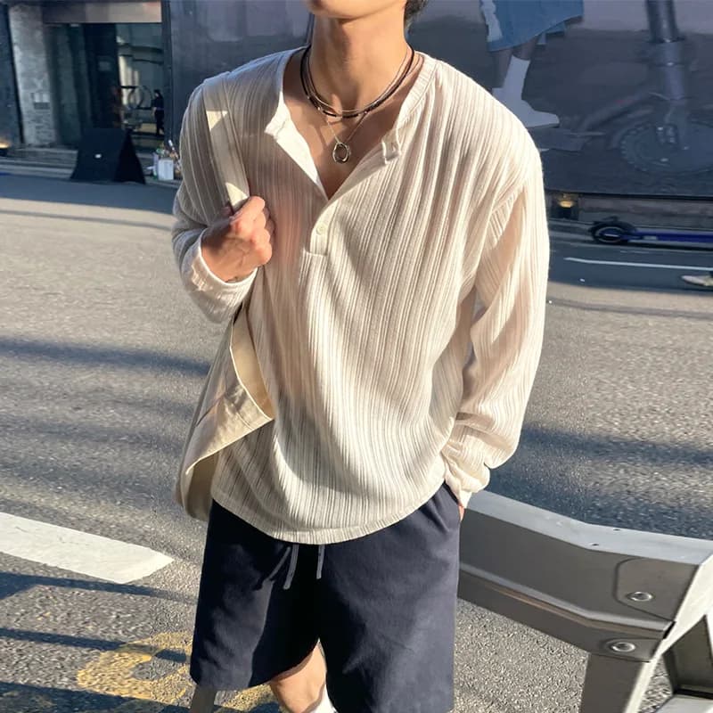 Henry Collar Pit Striped Sunscreen Knitted Long-sleeved T-shirt Men's 2026 Summer Stretch Casual Knitted Sweater