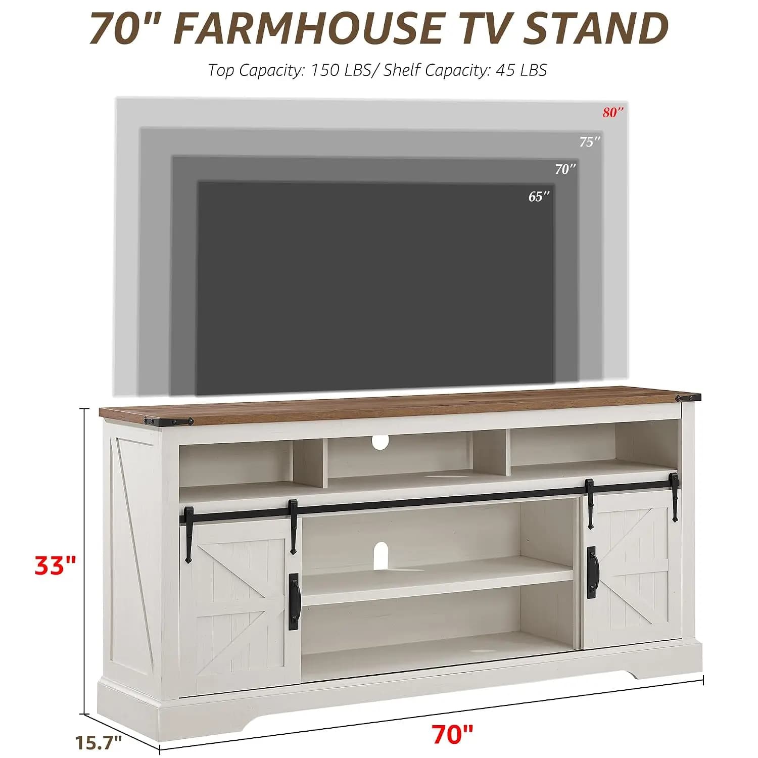 70" Farmhouse TV Stand for TVs up to 80", Antique White | 33" Tall, Rustic Entertainment Center, Sliding Barn Door,, Customized
