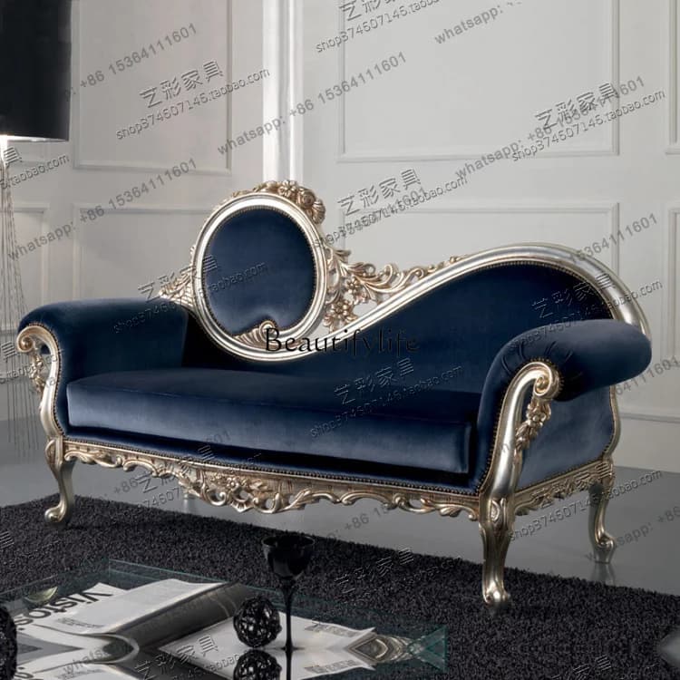 XX European Solid Wood Carving Flower Double Sofa, American Velvet Soft Bag Chaise Longue