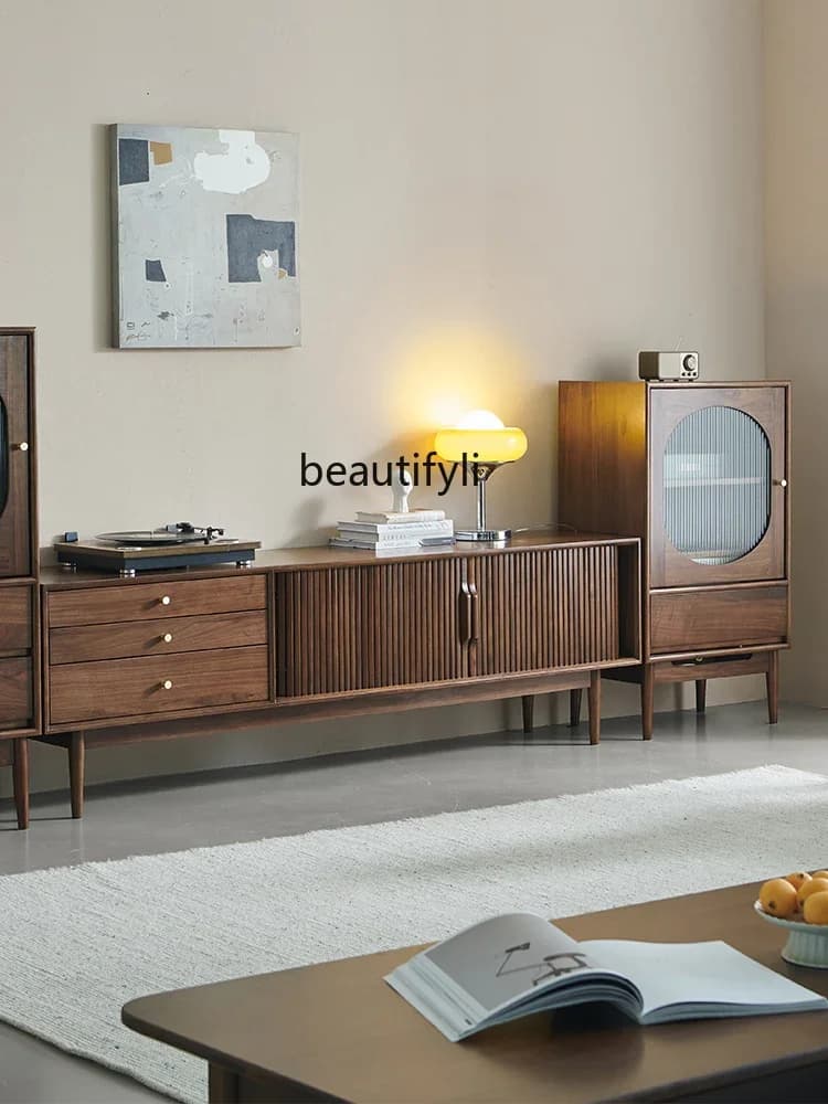 X Nordic Solid Wood TV Cabinet Black Walnut Color Simple Modern Light Luxury Small Apartment Coffee Table Set