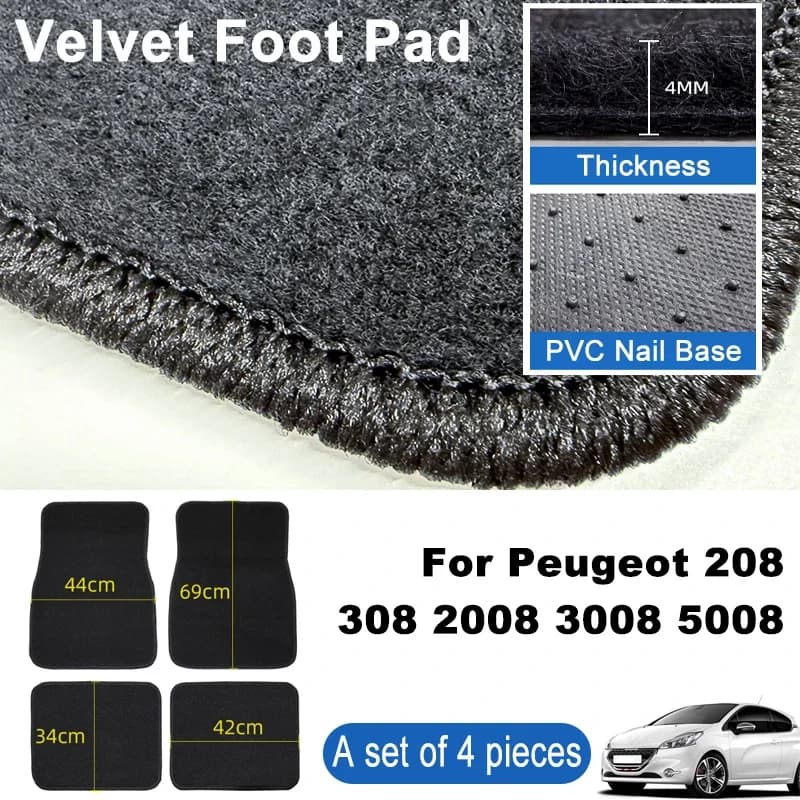 For Peugeot 208 308 2008 3008 Car Floor Mats Black Non-Slip 4Pcs Front & Rear Foot Mats Carpets Rugs Auto Interior Accessories