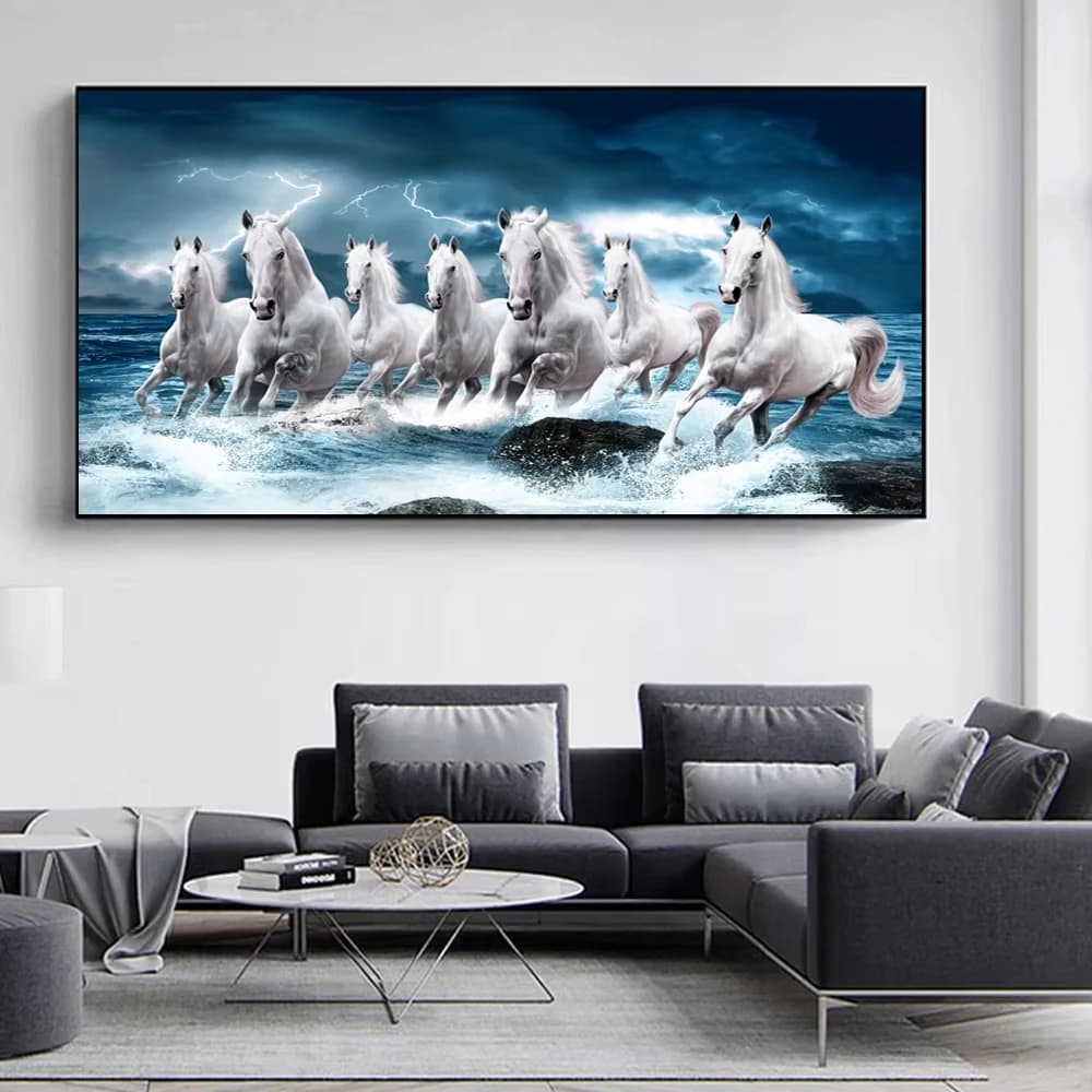 7 White Running Horses Canvas Painting Animal Posters and Prints Modern Wall Art Picture for Living Room Home Decor Gift