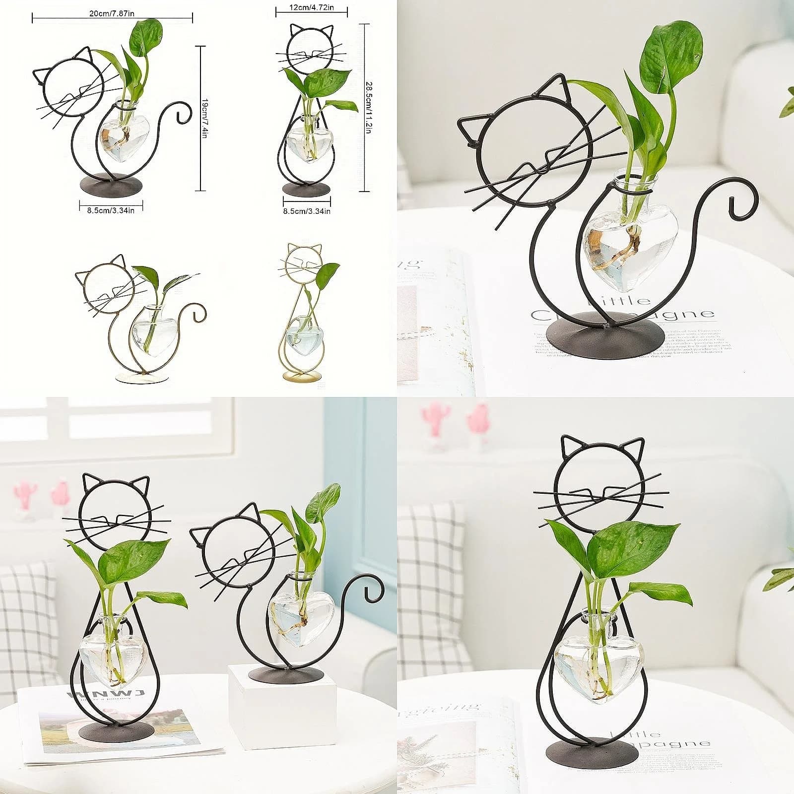 Simple Cat Iron Flower Machine Heart-Shaped Hydroponics Vase Creative Home Living Room Dining Table Decoration