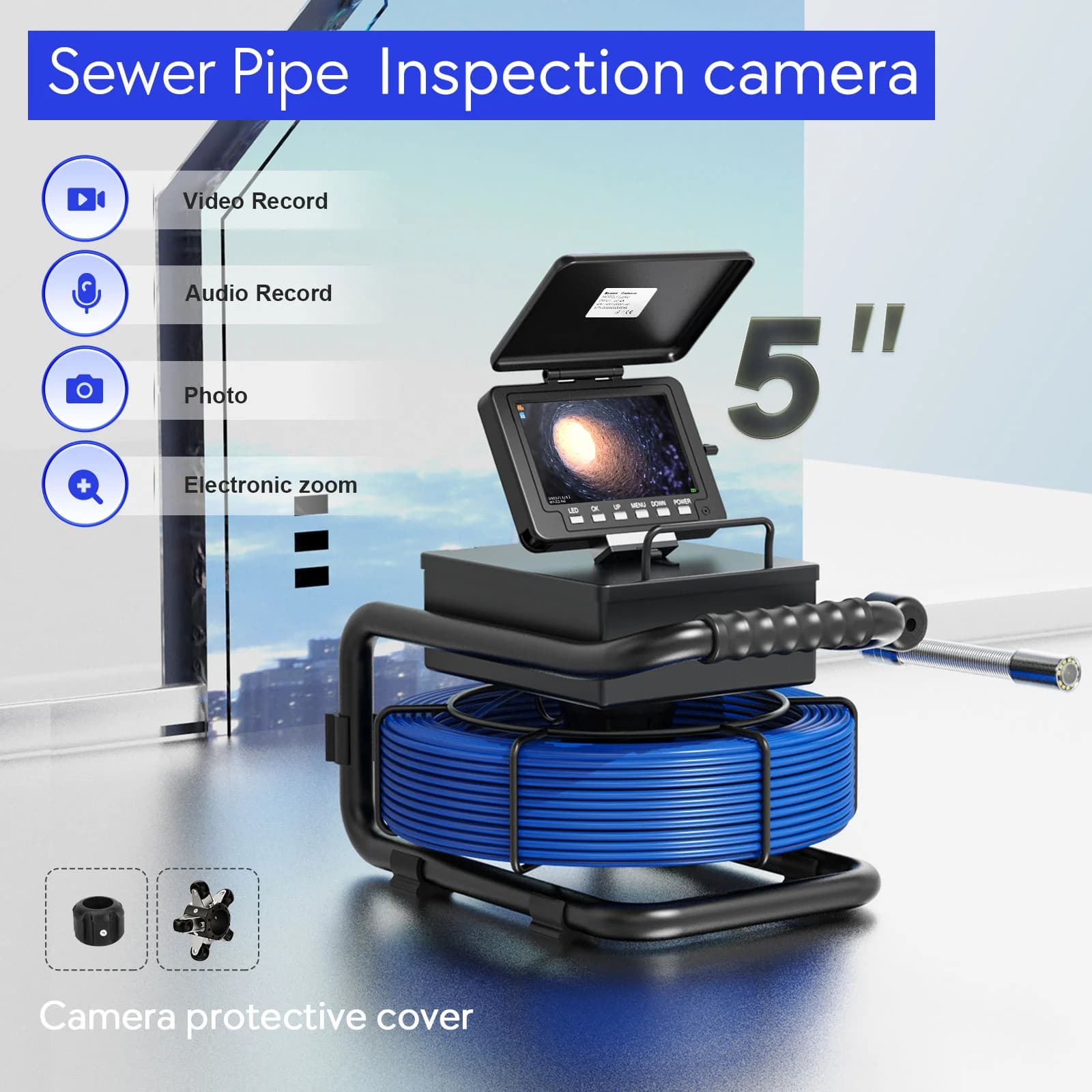 【HOT】5 Inch 20M Cable Sewer Pipe Inspection Drain Sewer Pipeline Industrial DVR Video Recording