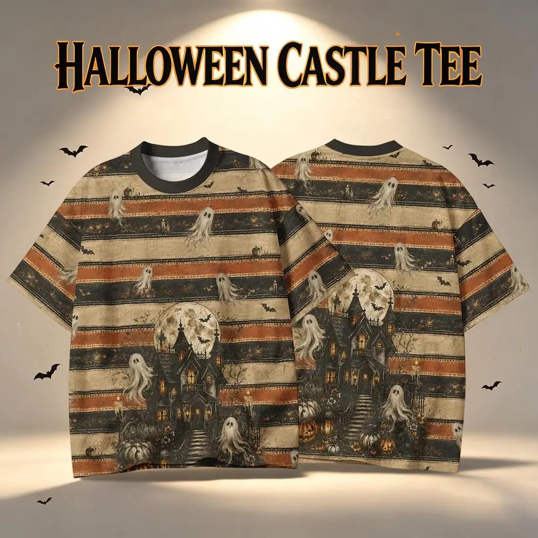Vintage Halloween Ghost Castle Print T Shirt Men's Retro Striped Basic O-neck Short Sleeve Tops Unisex Party Casual Streetwear