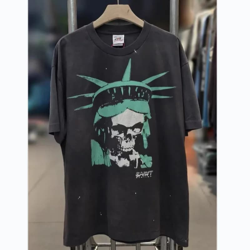 26FW Spring Summer Vintage Washed Black T-Shirt Saint Street Pattern Print Cotton Oversized Top Men Women Best Quality Tee