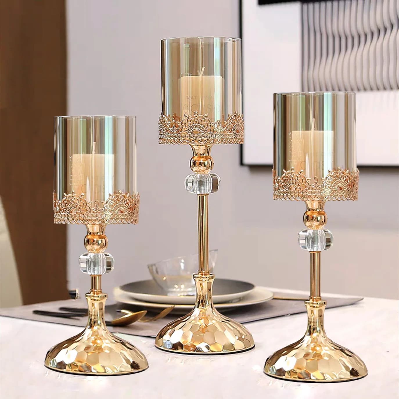 European Light Luxury Metal Lace Glass Candlestick Ornament Home Romantic Atmosphere Candlelight Dinner Candle Decoration