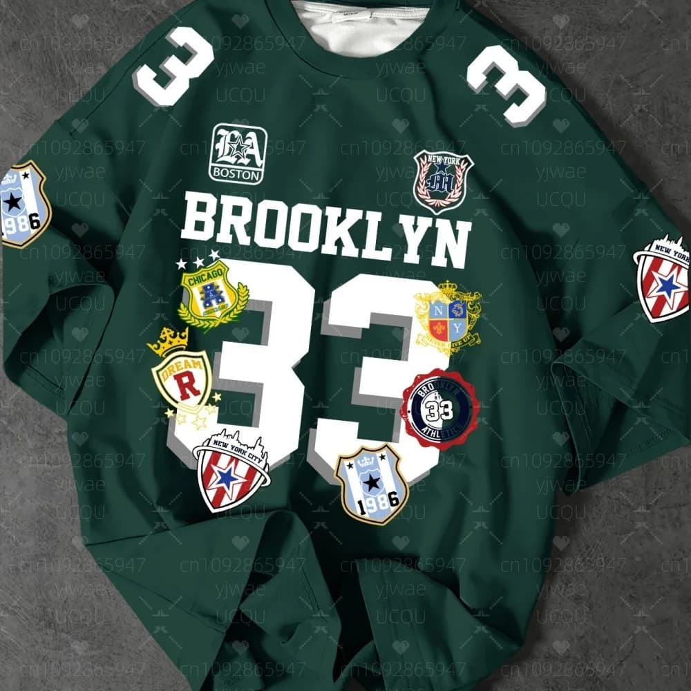 Summer 2025 Men's American BROOKLYN NO.33 Print Crew Neck Short-Sleeved T-Shirt Daily Streetwear Football Top for Men
