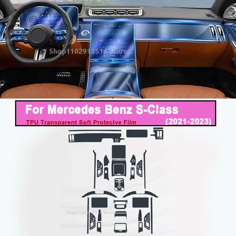 Rugged Car Interior Protection Film For Mercedes Benz S-Class (2021-2023) Dashboard Center Console Screen Anti-Scratch Stickers