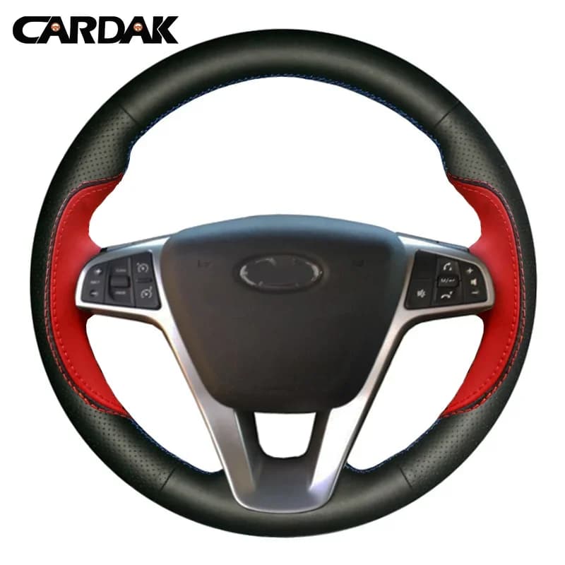 CARDAK DIY Hand-Stitched Black Red Artificial Leather Car Steering Wheel Cover for Lada Vesta SW 2015 2016 2017 Lada X-Ray