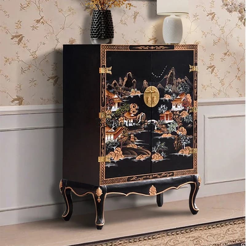 LXNew Chinese retro painted entrance cabinet classical decoration multi-layer shoe cabinet living roomSSS