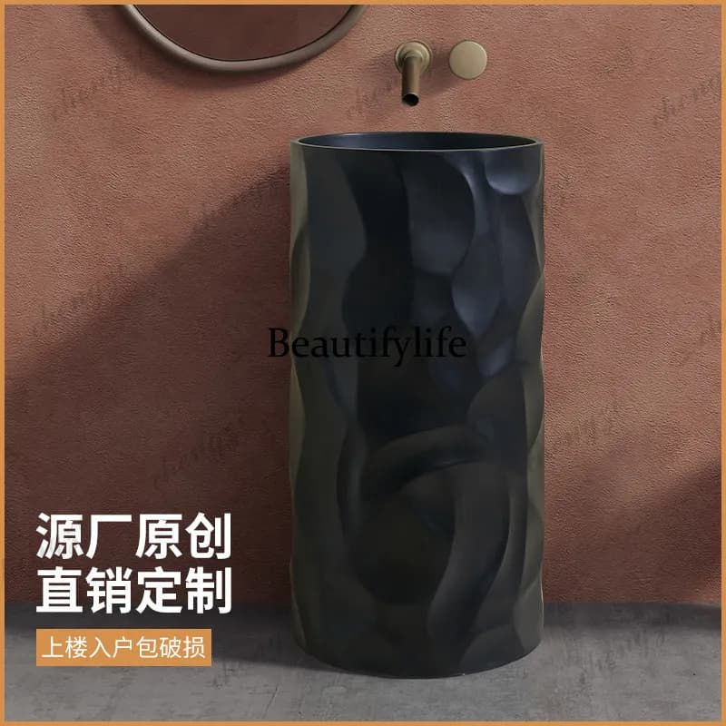 Z138 Modern Simple Household Black Pillar Artificial Stone Washbasin Hotel Clubhouse Bathroom Floor-to-ceiling Washbasin