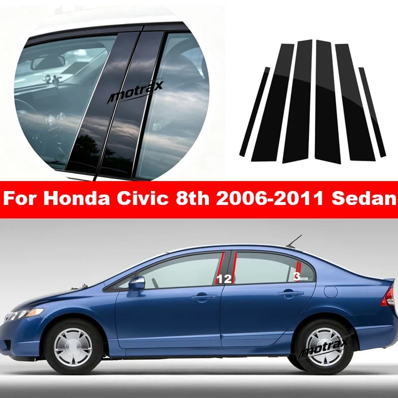 For Honda Civic 8th 2006-2011 Sedan Auto Exterior B C Pillar Post Window Trim Cover PC Middle Pillar Sticker Accessories
