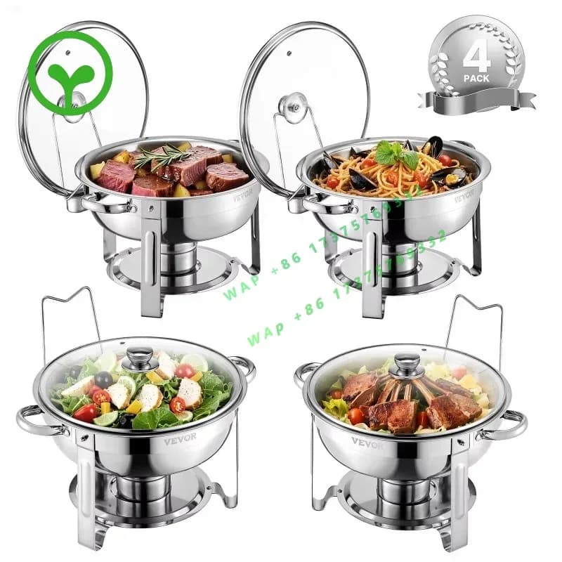 【Premium】SucceBuy 5 Qt 4 Pack Chafing Dish Buffet Set Stainless Steel Chafer with 4 Full Size Pan Round Catering Warmer Server f