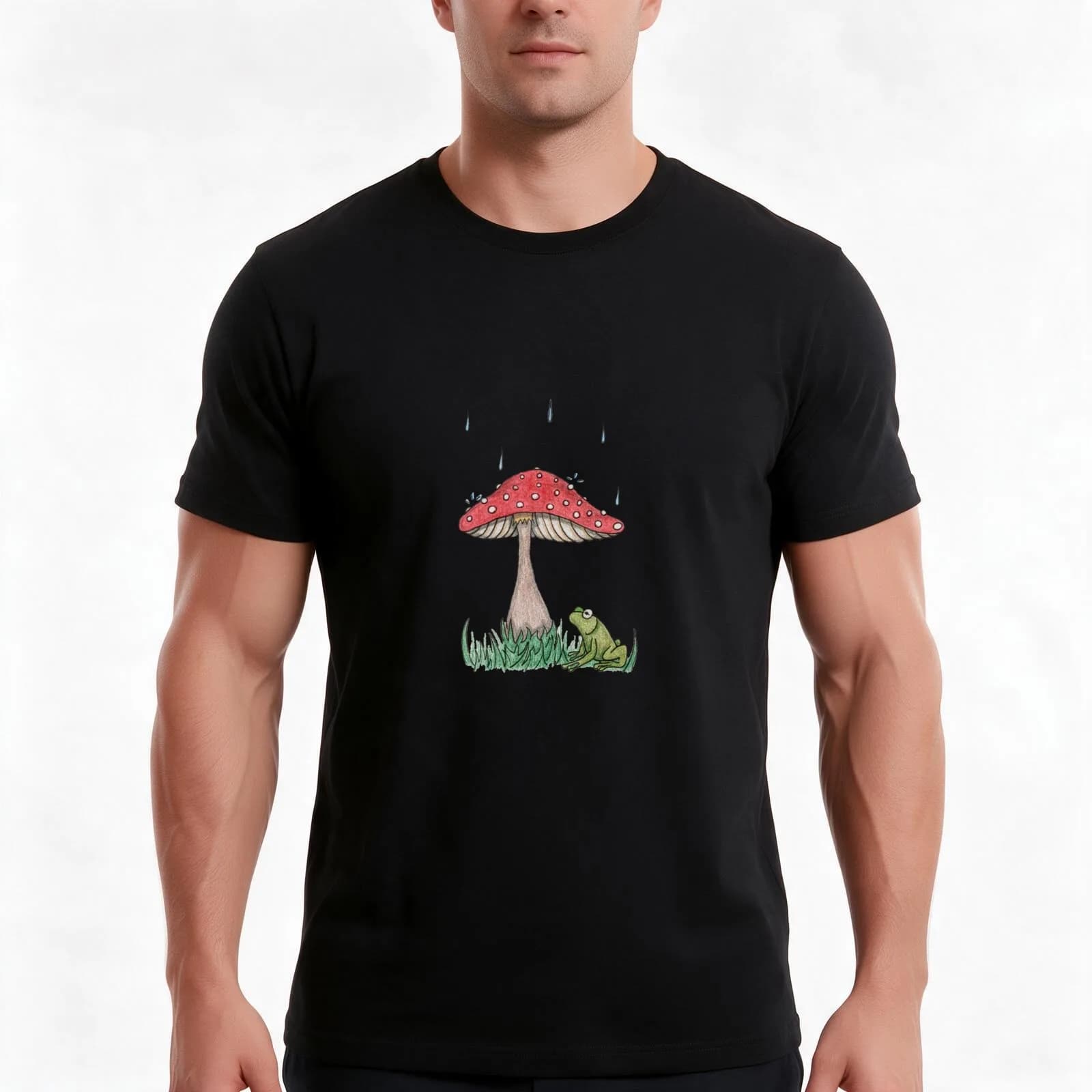 little frog with mushroom umbrella T-Shirt, Summer Casual Cotton Tee, Oversized Streetwear Tops, Vintage Graphic Print