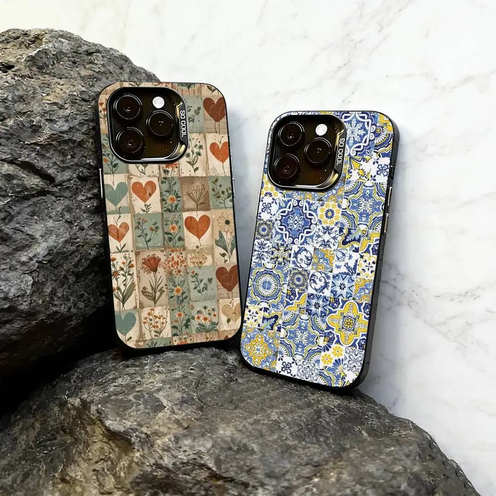 Moroccan tiles Phone Case For iPhone 17,16,15,14,13,12,11 Plus,Pro Max,XS,Colored Silver Plated Inside Cover