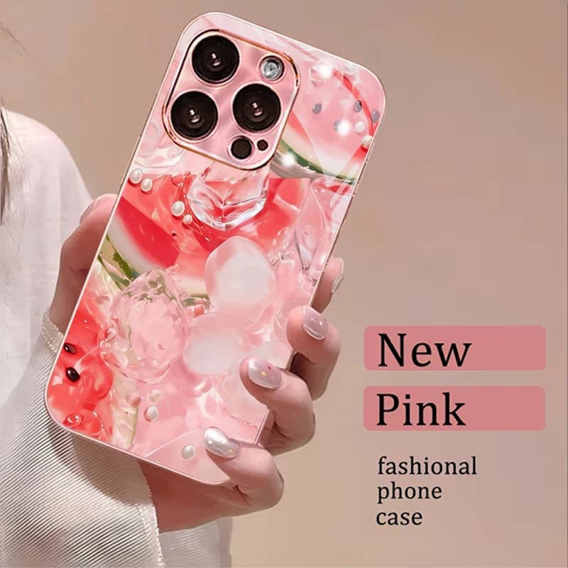 Ice Watermelon Pearl Art Electroplated Pink Glass Phone Case For iPhone 18 11 12 13 14 15 16 17 Pro Max Plus Air 16E Back Cover