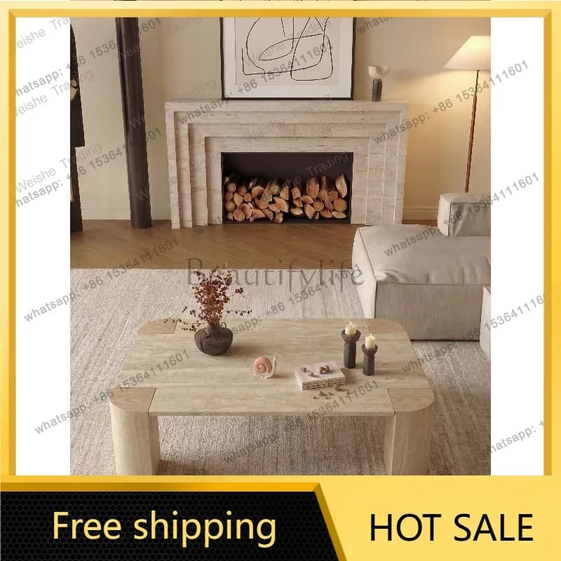 zj.Medieval wabi-sabi wind rock slab travertine solid wood rectangular coffee table living room home homestay light luxury high