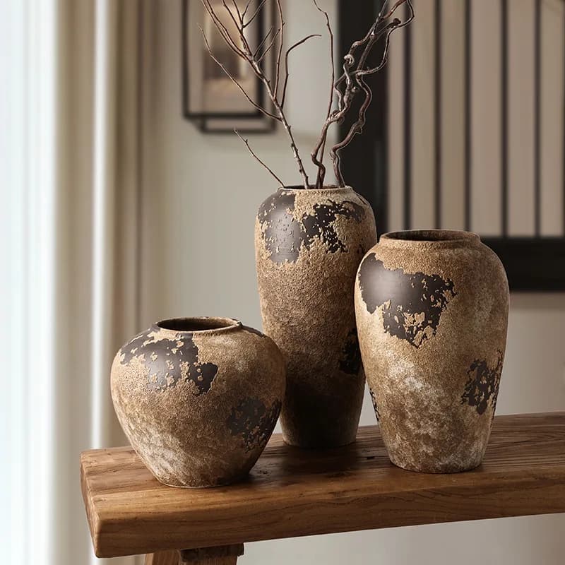 Jingdezhen wabi wind ceramic vase living room flower arrangement dried flower retro pottery pot hotel model room decoration