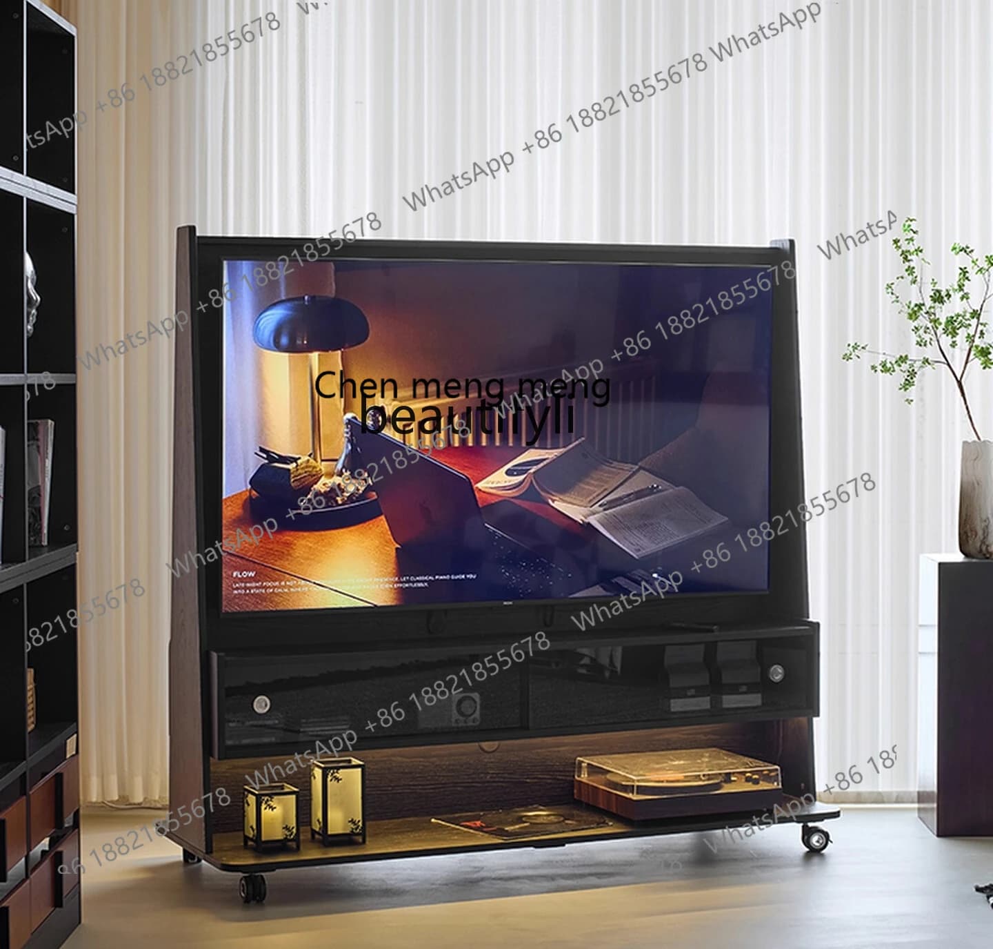 X  Solid wood mobile TV cabinet, living room, household antique storage, integrated TV bracket, electrical cabinet