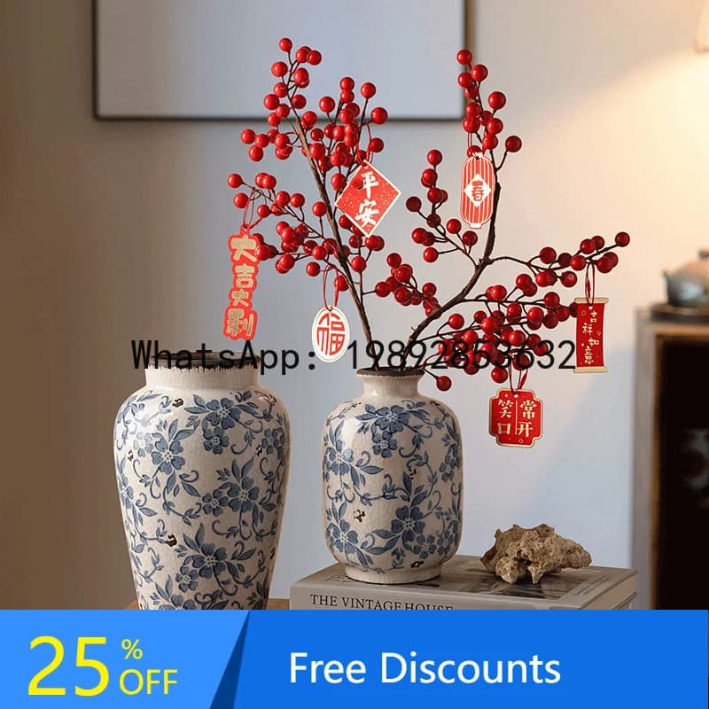 Chinese Style Blue and White Wabi-Sabi Ceramic Vase High-End Flower Arrangement Decorative Ornament Living Room Creative