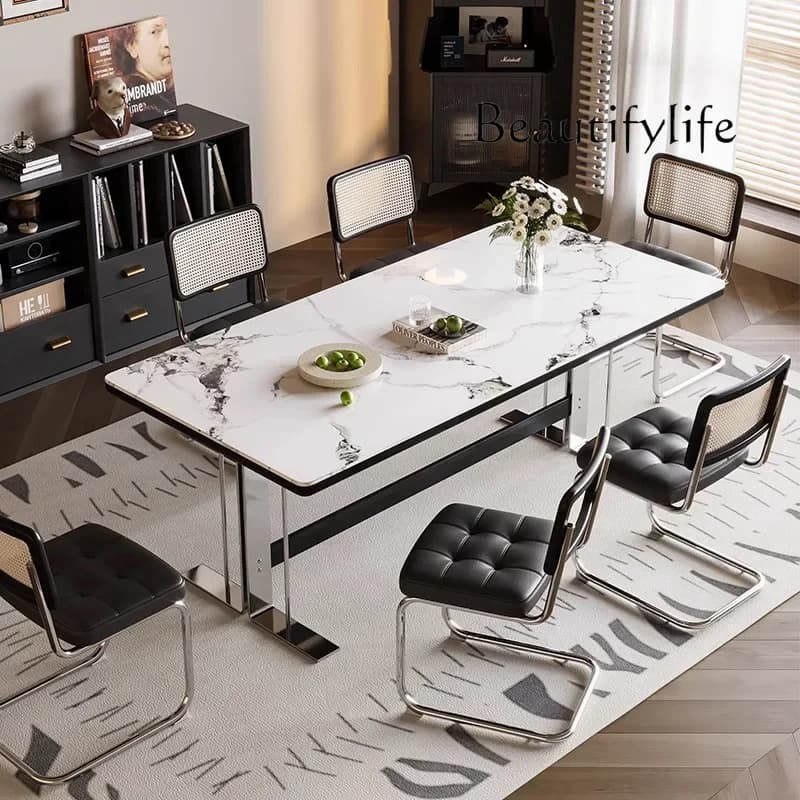 N36 Medieval rock slab small apartment household living room solid wood dining table Bauhaus stainless steel rectangular