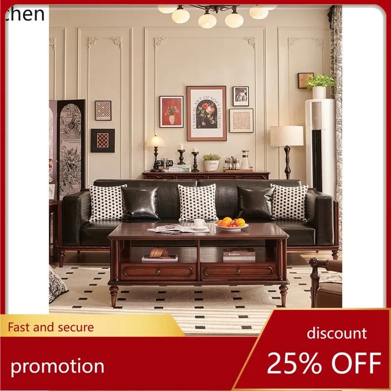 ZML Solid Wood Sofa Living Room Retro Four-Seater Straight Row Top Layer Sofa Furniture