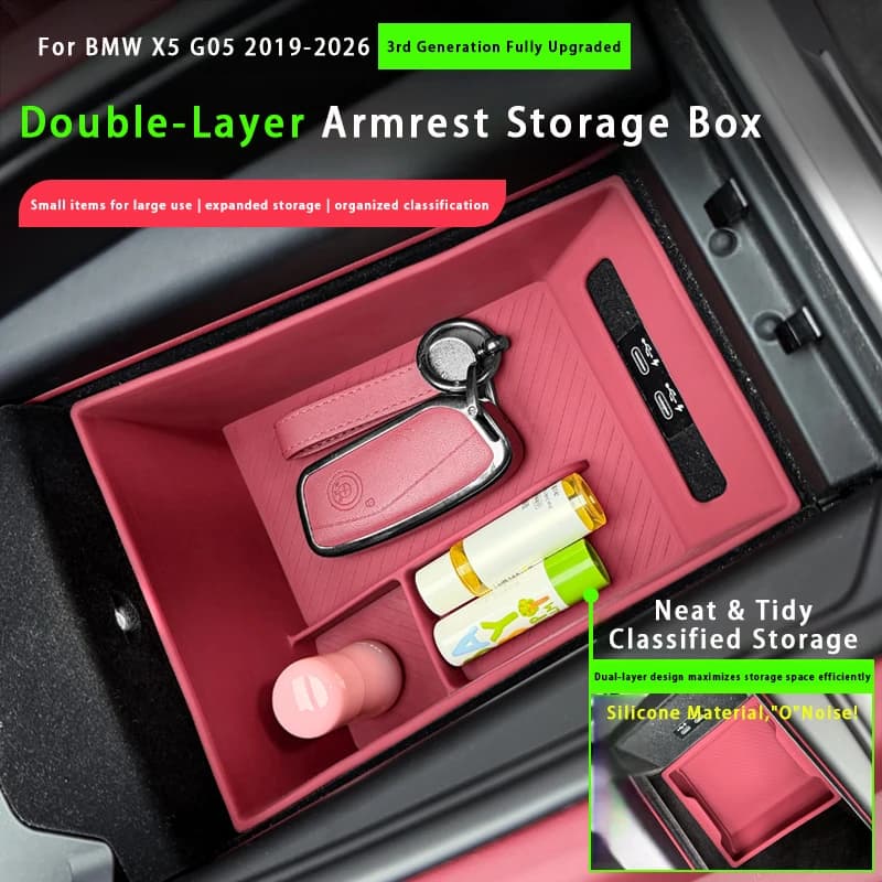 Double-Layer Center Console Armrest Box Storage Box Silicone Armrest Organizer Tray Accessories For BMW X5 X6 X7 G05 G06 G07