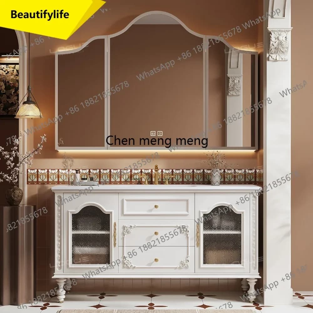 6239  Oak floor-to-ceiling French retro bathroom cabinet combination washbasin integrated basin