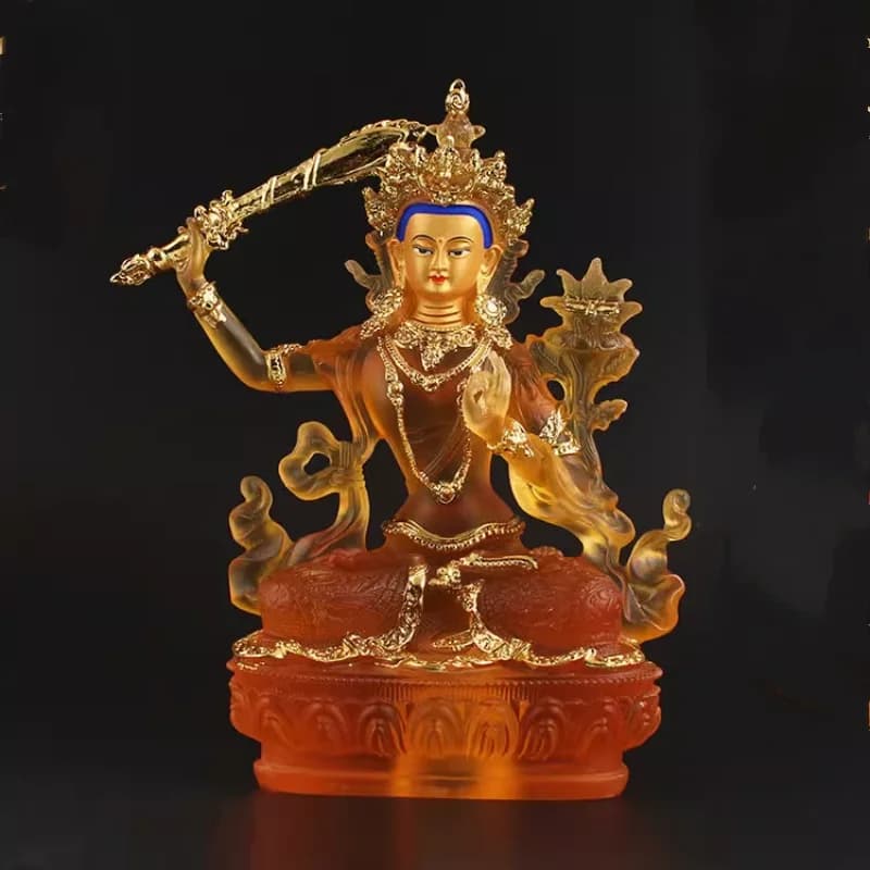 Manjushri Buddha StatueTibetan Glazed Gilded Resin Figurine Home Temple Meditation Decor Ornament
