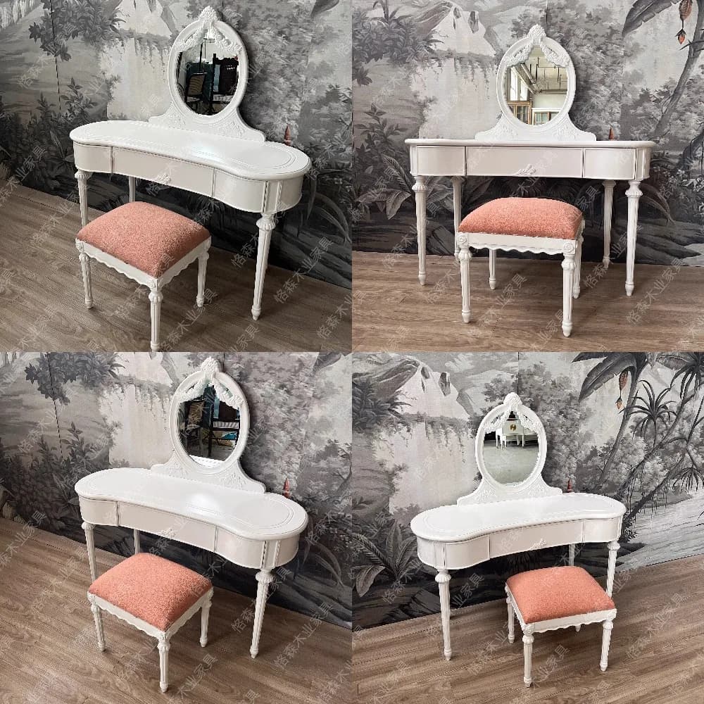 French Style Solid Wood White Vanity Table Makeup Desk with Mirror Modern Retro Dresser for Girls Bedroom