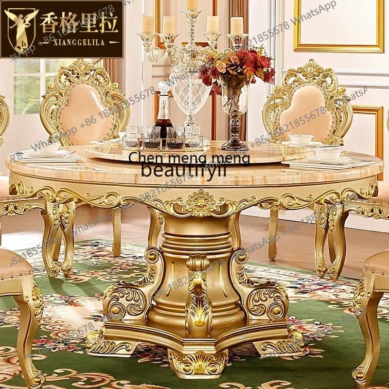 178European champagne gold marble round table all solid wood neoclassical solid wood American turntable dining table2936