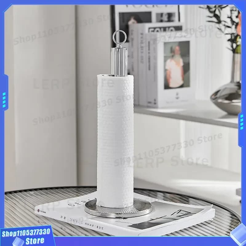 Stainless Steel Vertical Tissue Holder Desktop Kitchen Roll Stand Plastic Wrap Storage Rack Organizer for Home Office Use