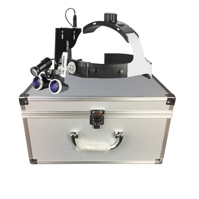 3.5X Headband Helmet Binocular Magnifier Lupa w Professional Magnifying Glasses 5W Headlight Rechargeable Battery Metal Box