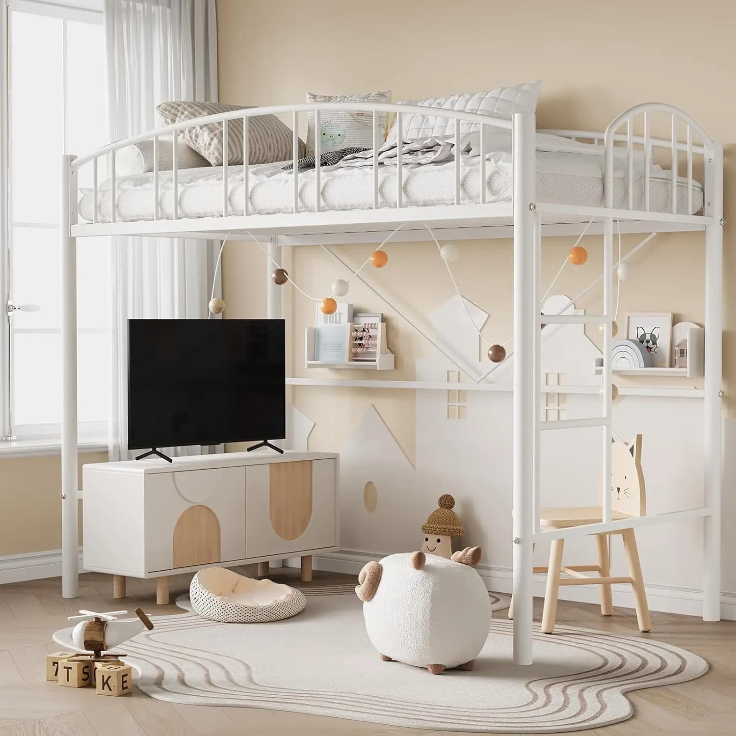 Twin Loft Bed with Arched Guardrail & Safety Ladder, White Heavy Duty Metal Bed Frame, Space Saving Design, No Box Spring Needed