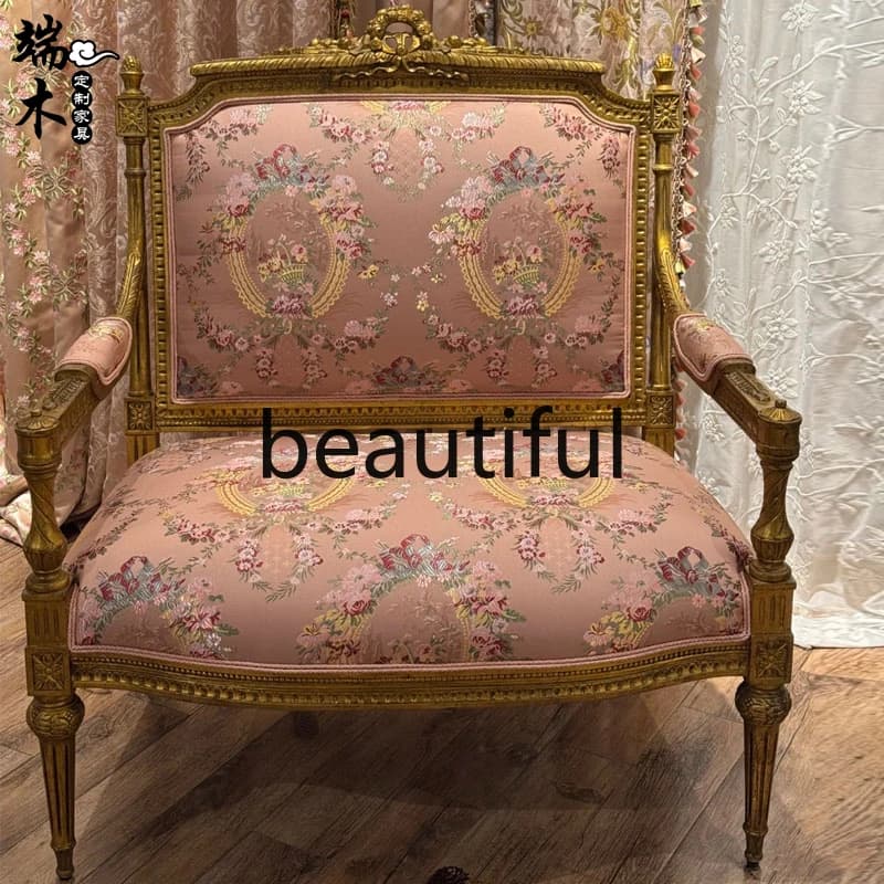 French solid wood carving flower single double three-person sofa pink embroidered leisure sofa armchair