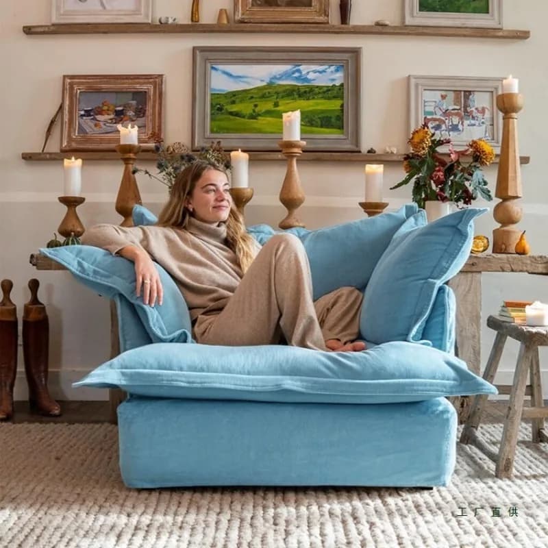 Latex small apartment sofa, simple light blue apartment in the living room, single fabric sofa in the homestay, straight row of
