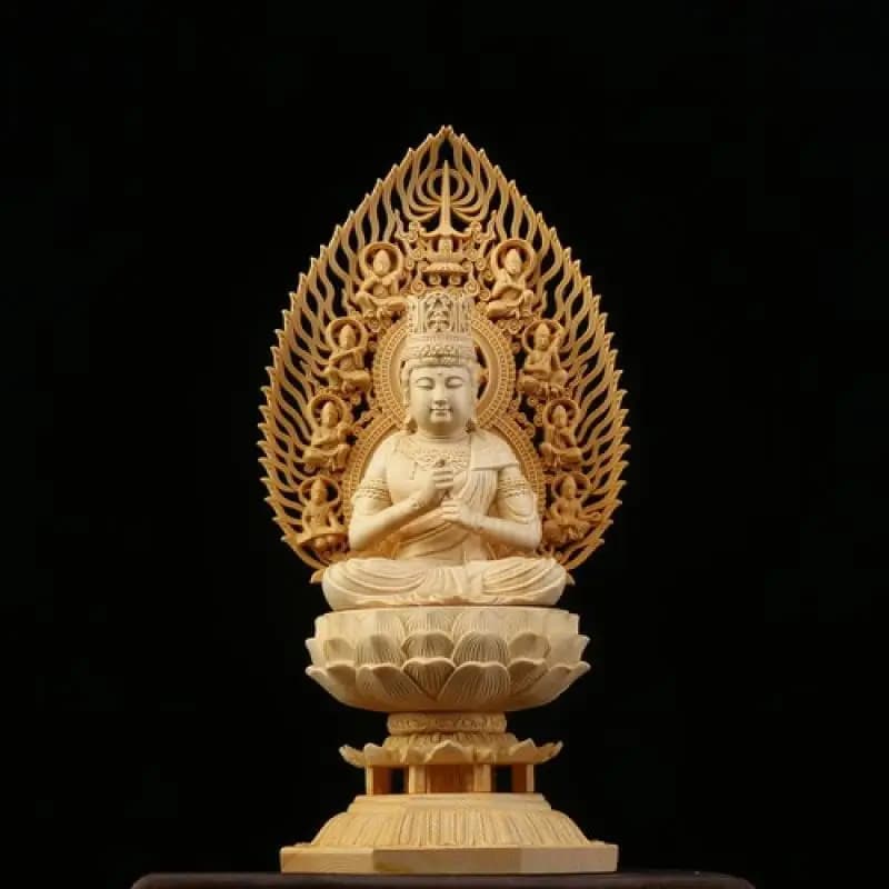 11in Solid Wood Carving Buddha Statue Living Room Decoration Guardian Deity