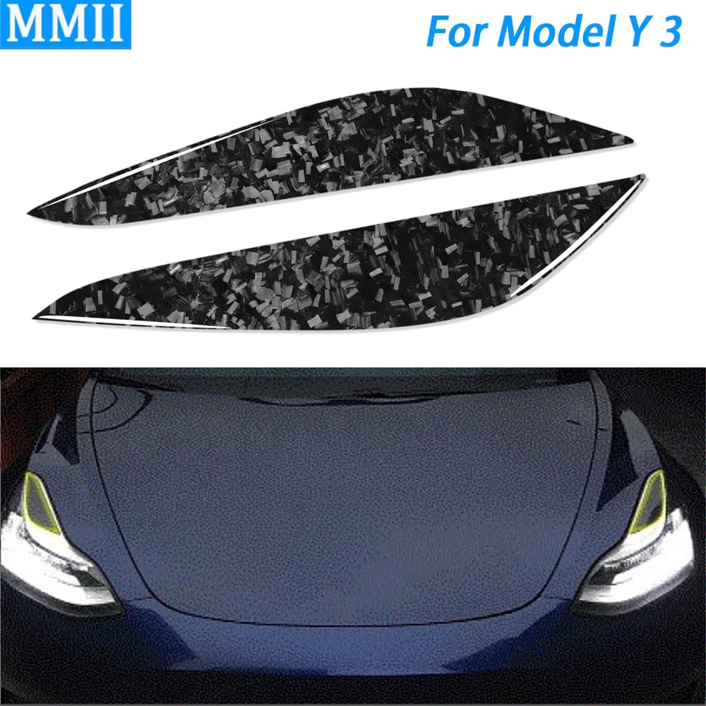 For Tesla Model Y Model 3 2017-2022 Real Forged Carbon Fiber Front Headlight Eyelid Eyebrow Cover Car Retrofitting Accessories