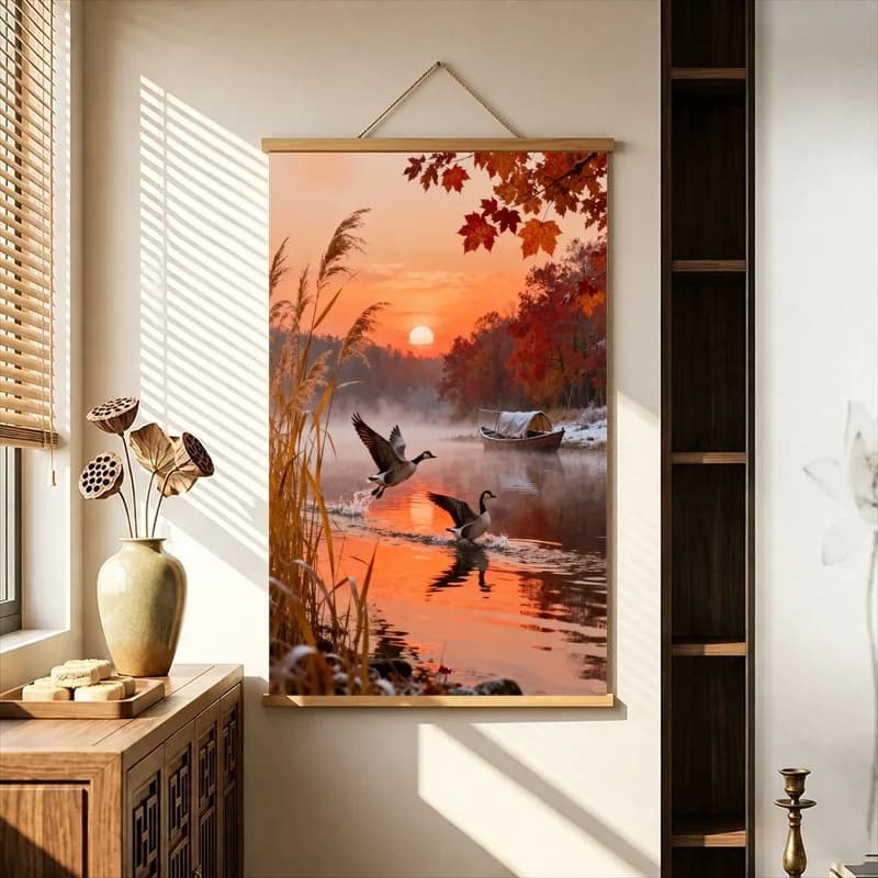 Wall Art Wild Geese above Crimson Autumn Wetlands, Oriental Landscape Pearlescent Canvas Hanging Scroll for Boutique Guesthouse