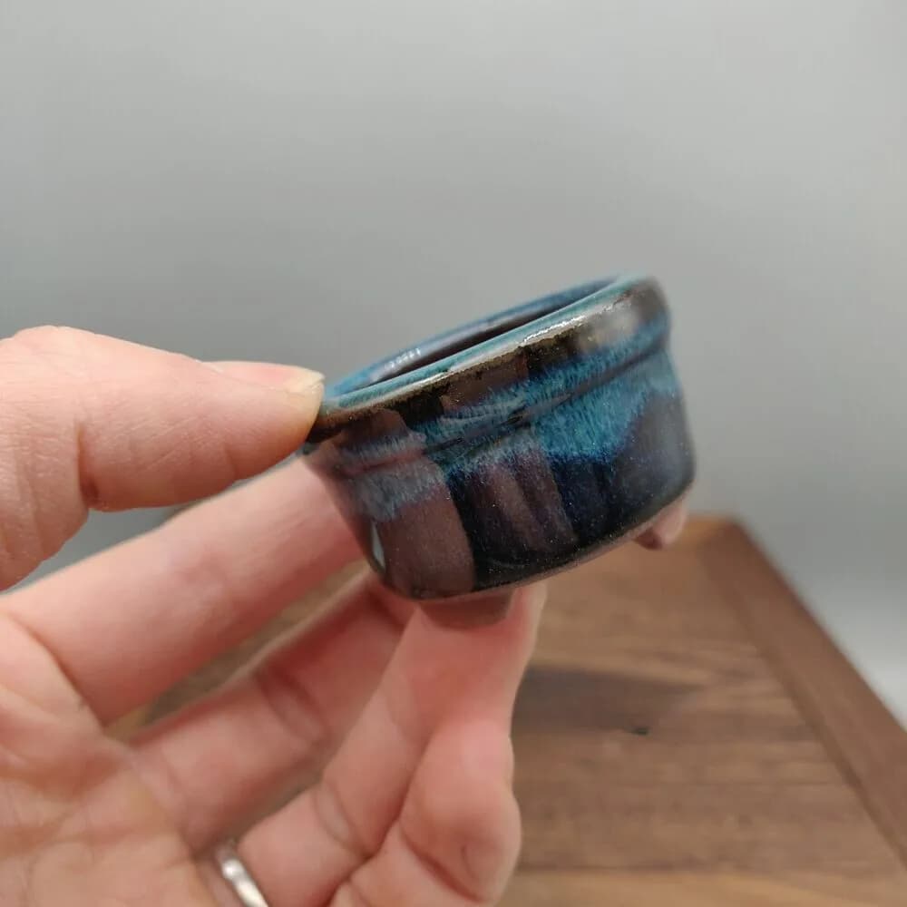 Round Blue Glazed Mini Mame Bonsai Pot 4.6x4.6x2.8cm