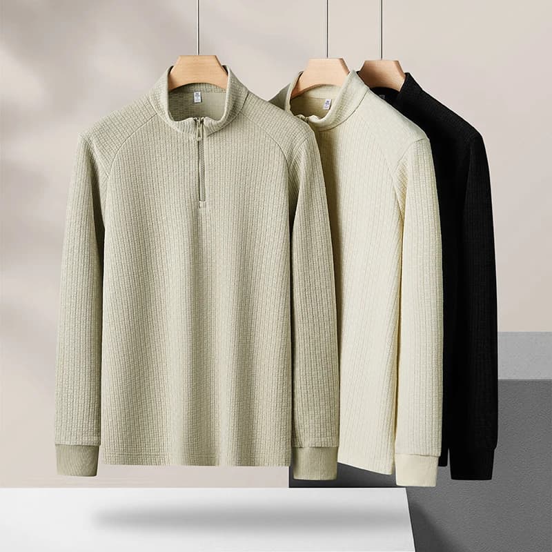Autumn and Winter Mulberry Silk and Merino Wool Blend Men's Slim-Fit Fashionable Plaid Jacquard Half-Zip Stand Collar Long-Sleeve Top