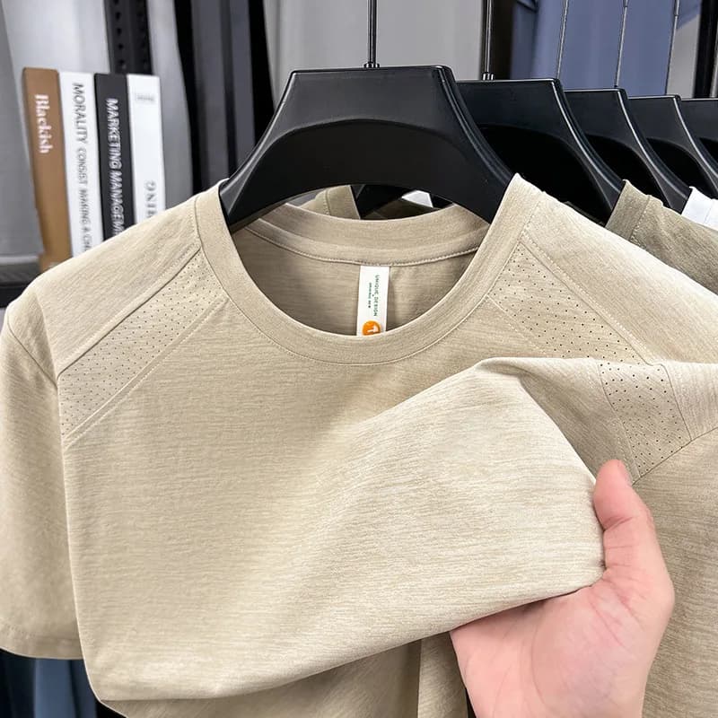2026 Summer New Men's Round Neck Casual Short-sleeved T-shirt Perforated Front Shoulder Breathable and Cool