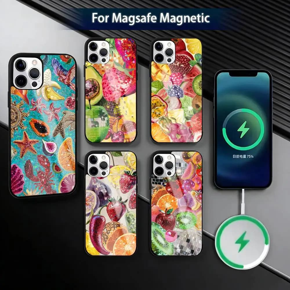 Fashionable Cute Fruits Painted   Phone Case For iPhone17,16,15,14,13,12,11 Plus,Pro Magnetic For Magsafe Wireless Charging